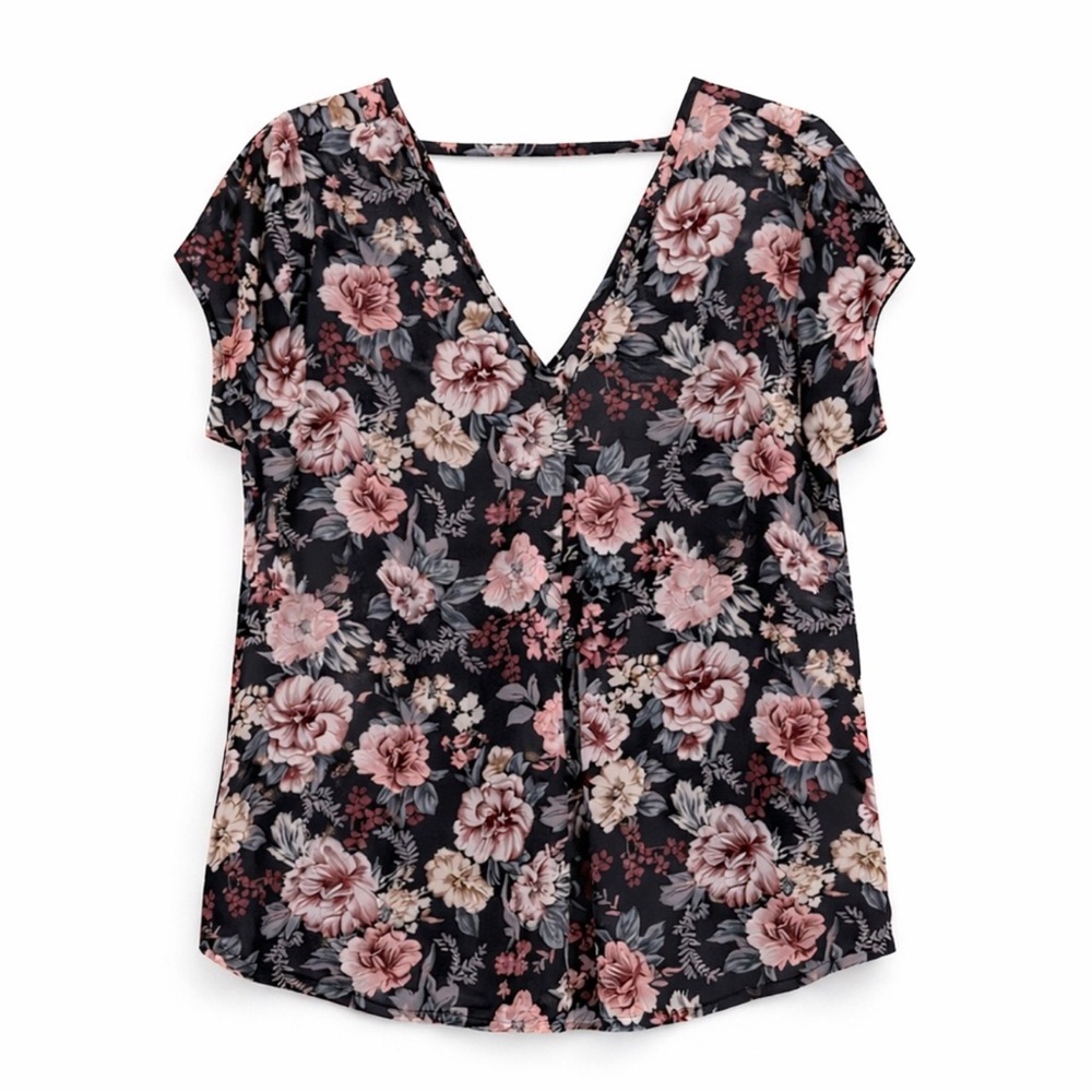 Halogen Black Floral Double V-Neck Blouse 1X